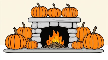 Cozy autumn fireplace scene warmly glows with pumpkins. AI Generated