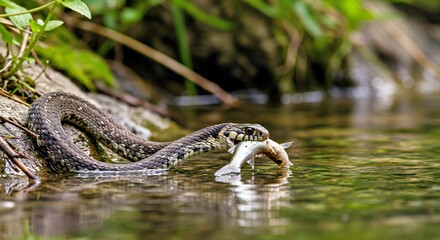 A Garter Snake Catching a Small Fish in a Stream