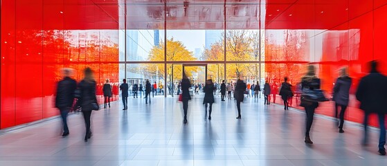 Modern Architecture with Red Wall and Blurred People Walking Through a Bright Hallway