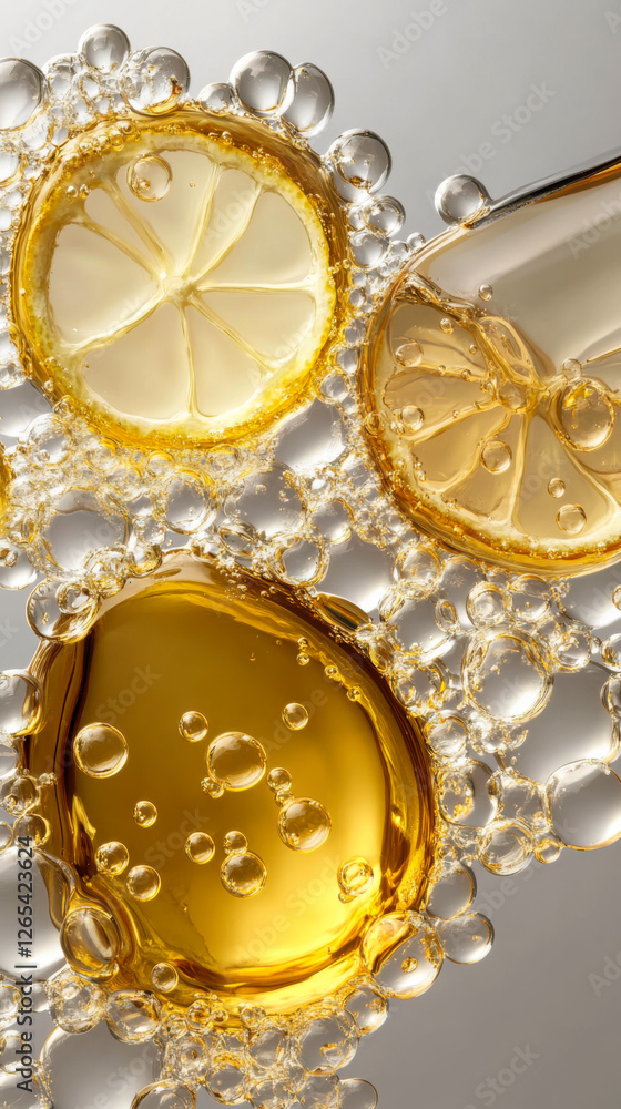 Poster golden liquid drops and bubbles create an abstract composition in a bright setting