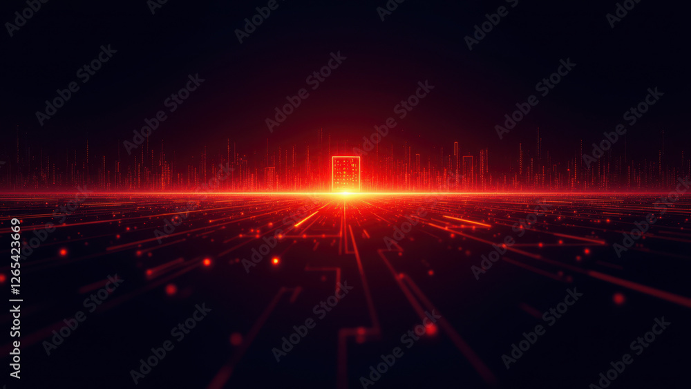 Poster dynamic red digital cyber-security network against a dark background.