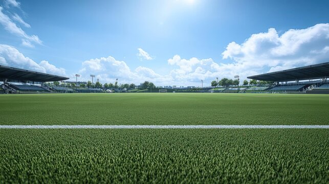 Empty Green Soccer Field Under Blue Sky With Stands