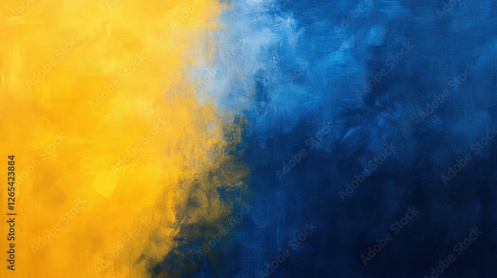 Poster a vibrant abstract painting features a gradient of bright yellow merging into deep blue, creating a 