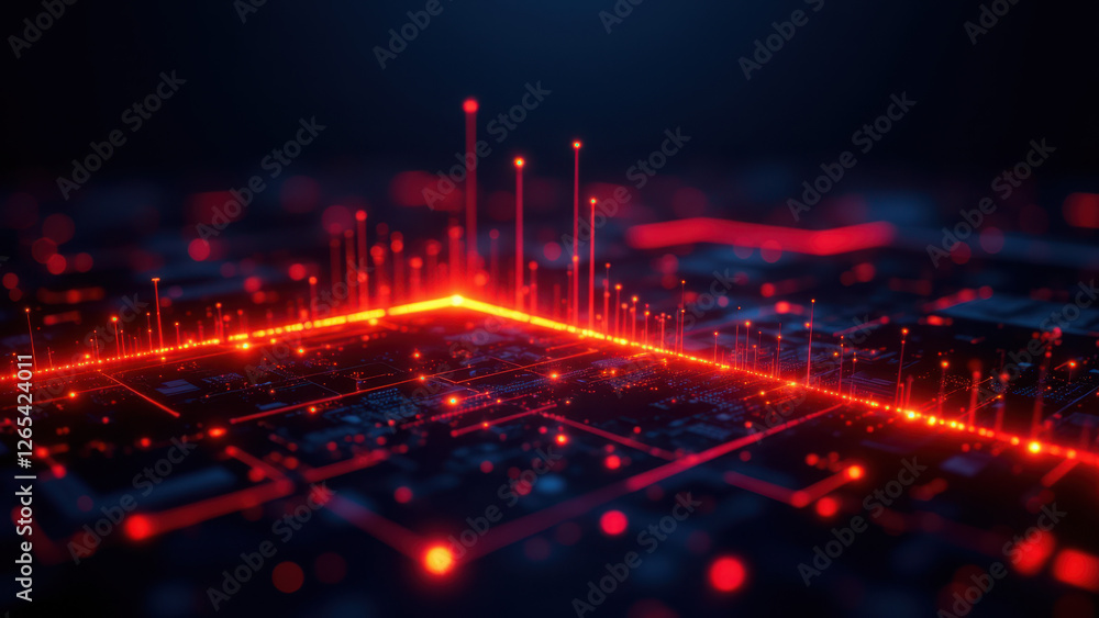 Poster cybersecurity digital infrastructure with a red alert symbol on top of electronic circuit boards.