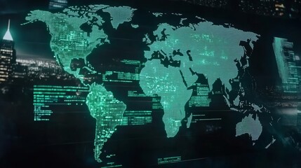 Digital World Map with Glowing Green and Blue Squares on Black Background