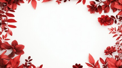 A vibrant arrangement of red leaves and flowers forms a decorative frame on a white background, perfect for a seasonal or festive design.