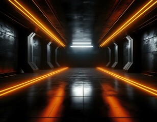 Fototapeta premium Sci Fi Modern Alien Neon Laser Orange Lights Spaceship Concrete Cement Floor Warehouse Way Entrance Tunnel Corridor Futuristic Glowing Led Studio Showcase Stage 3D Rendering.