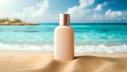 beige cream tube standing on the sand of a tropical beach