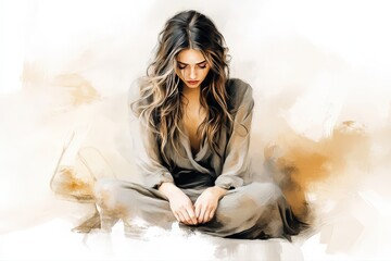 Sad woman sitting on the ground with head down. Digital watercolor illustration