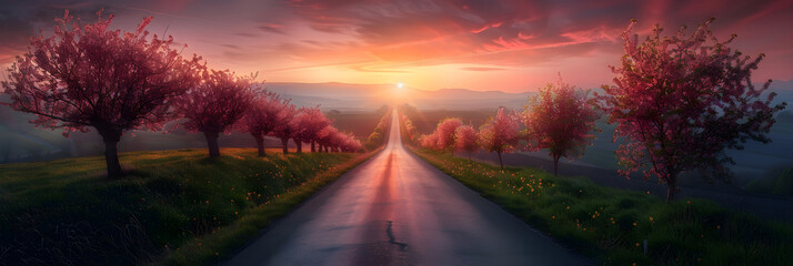Obraz premium Early Morning Sunrise: An Empty Road Flanked by Blossoming Cherry Trees