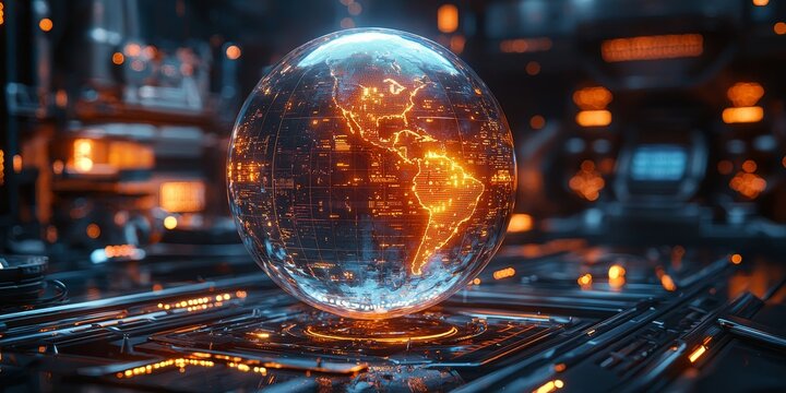 Futuristic Holographic Globe: Rotating Digital Earth with Data Overlays in High-Tech Room
