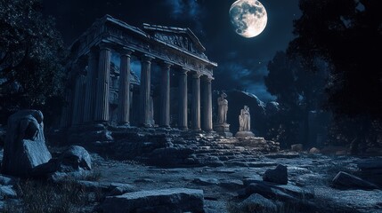 Moonlit ancient temple ruins, night scene, historical background,  fantasy art