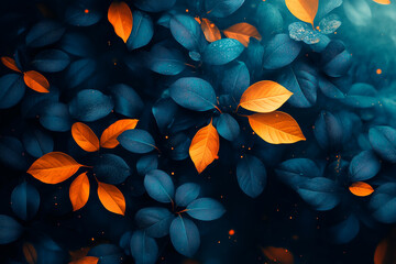 Dark blue and orange leaves background