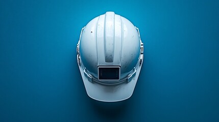 Fototapeta premium White construction helmet on a blue background, symbolizing safety in building projects