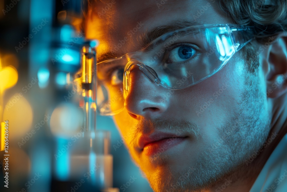 Poster scientist wearing safety glasses using microscope in laboratory researching new discoveries