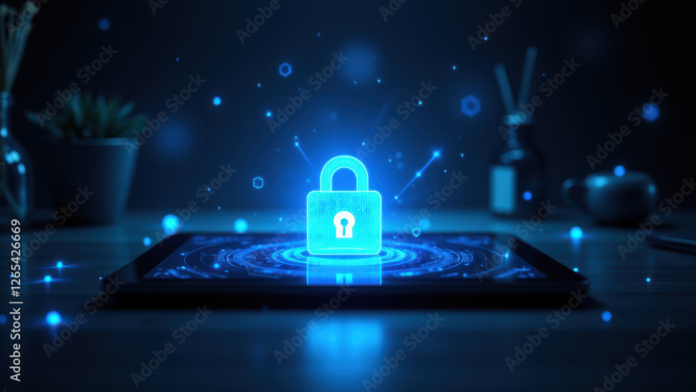 Poster a digital lock symbolizing cybersecurity on a glowing background with blurred computer equipment to 