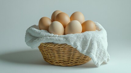 Fresh Chicken Eggs in a Basket with Towel