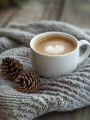 Cozy Coffee Break Aromatic Latte Art in White Mug on Knitted Blanket with Pinecone Accent