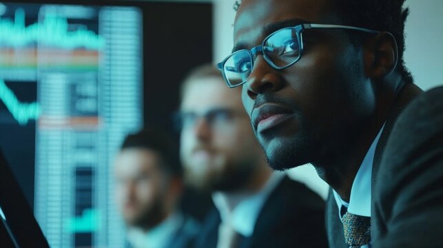 business analyst explaining stock market trends to colleagues, large digital screen displaying complex data, serious and engaged expressions - Powered by Adobe