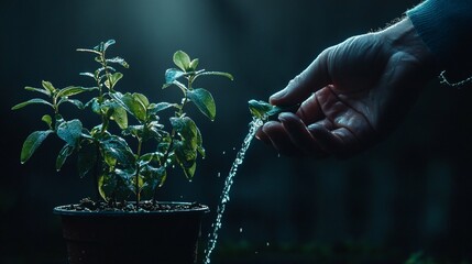 Hand Watering Plant Close-Up Photograph
