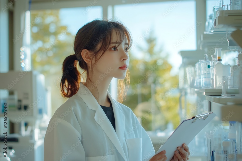 Poster scientist checking inventory of chemical bottles in laboratory