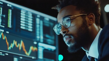 business analyst explaining stock market trends to colleagues, large digital screen displaying complex data, serious and engaged expressions