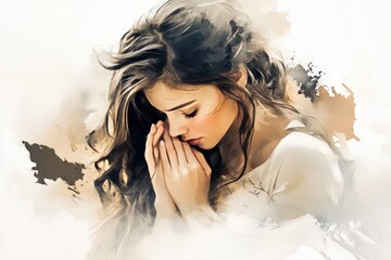 Young woman praying with closed eyes in deep thought. Digital watercolor illustration