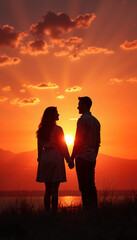 silhouette of a couple in love against the background of an orange-red sunset