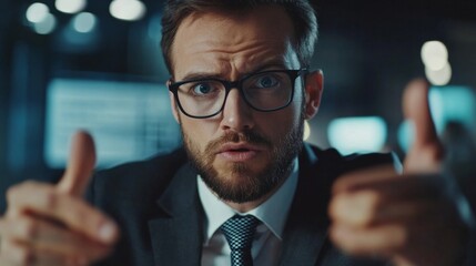 business consultant explaining complex data analytics on a digital screen, intense focus from colleagues, modern financial office