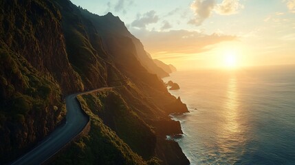 Coastal Mountain Road at Sunset in Madeira