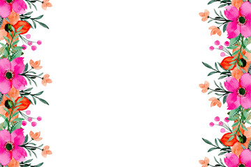 Blooming watercolor botanical flowers border frame. 
