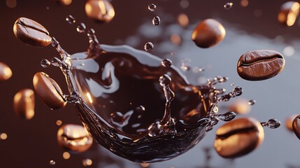 Cinematic Coffee Splash with Floating Beans on Transparent Background