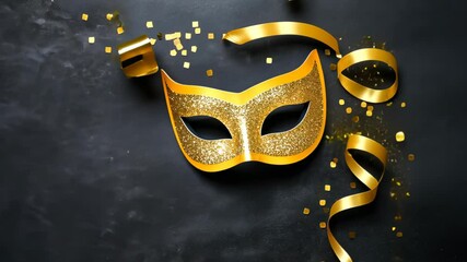Gold glitter masquerade mask with ribbon and confetti on a black textured background. Festive and party celebration concept with copy space