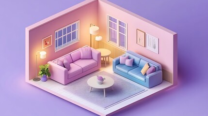 Isometric view of a charming pink living room inside a cutaway box, transitioning between day and night lighting, with a soft purple and blue color scheme, showcasing a cozy interior