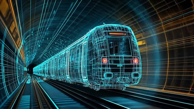 A glowing holographic train rushes through a high-tech tunnel at speed. Concept of future mobility, digital rail innovation, and cutting-edge transportation.