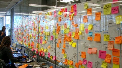 business meeting in progress, diverse professionals brainstorming ideas on a glass whiteboard, post-it notes everywhere