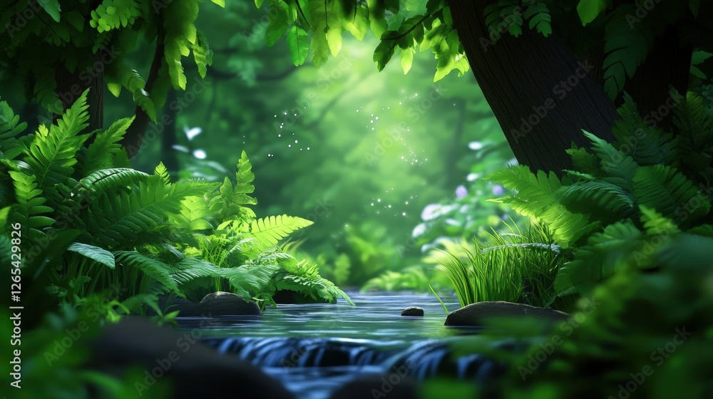 Poster a serene forest scene showcasing lush greenery and a gentle stream flowing through vibrant ferns. su