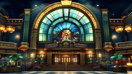 Obraz premium Grand Art Deco building glows warmly night vibrant stained glass window dominates entrance. AI Generated