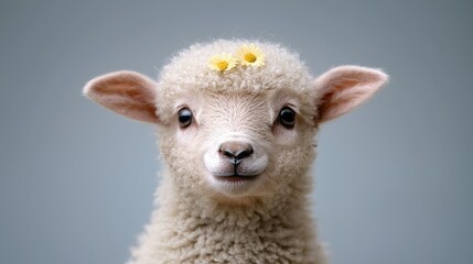 Fototapeta premium Cute lamb with flowers on head, studio portrait, farm animal, possible use in children's book, or greeting card