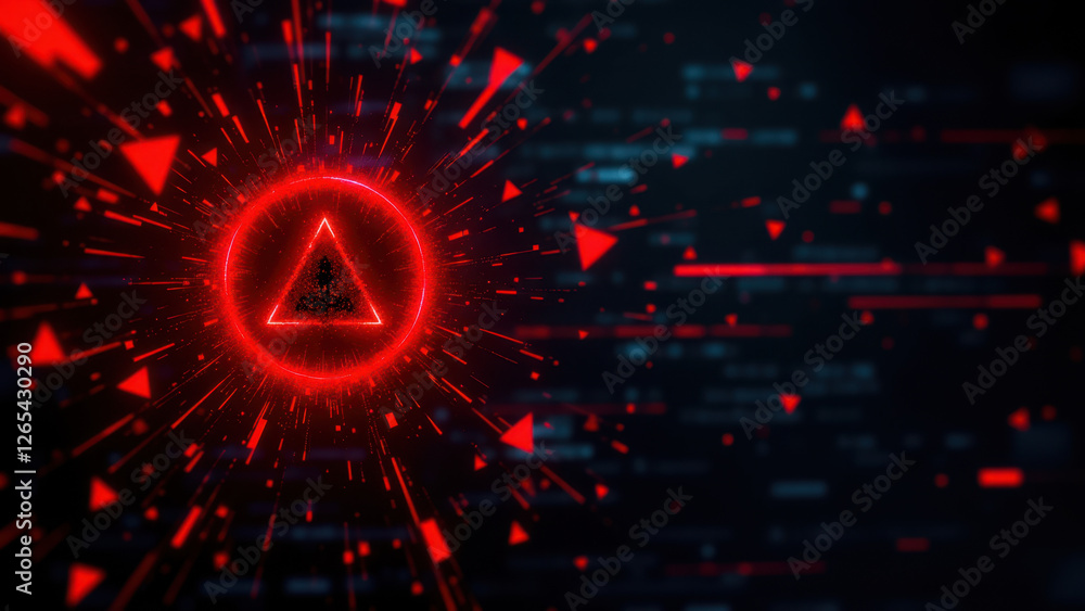 Poster cybersecurity logo with a red triangle and digital elements.