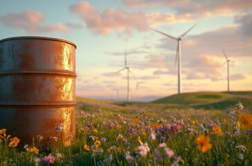 Obraz premium Rusty Oil Drum with Wildflowers and Wind Turbines Under Sunset Sky