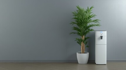 This modern office has a white bookcase, a water dispenser, and greenery against a grey wall, creating an inviting vibe