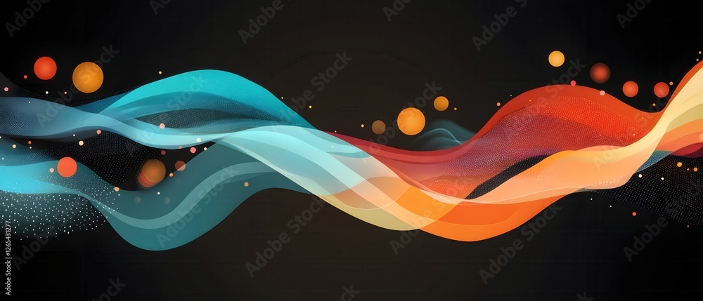 Poster abstract waves of color on dark backdrop with floating spheres and subtle texture