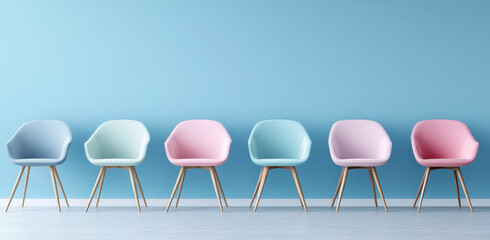 A row of pastel chairs showcases soft colors against a clean blue backdrop, enhancing a calming and minimalist atmosphere in the space