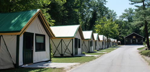 A row of white and green glamping tents aligns along a scenic path, surrounded by lush greenery on a sunny day