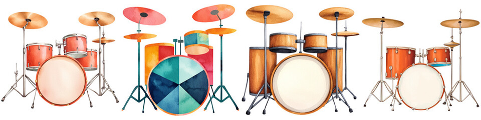 Retro pixel art and songs, A colorful drum set featuring various drums and cymbals arranged in a visually appealing manner.