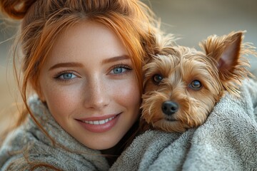 A stylish girl with a striped shirt passionately loves her animal. Close-up portrait, isolated on a blue background, studio setting, conveying emotion
