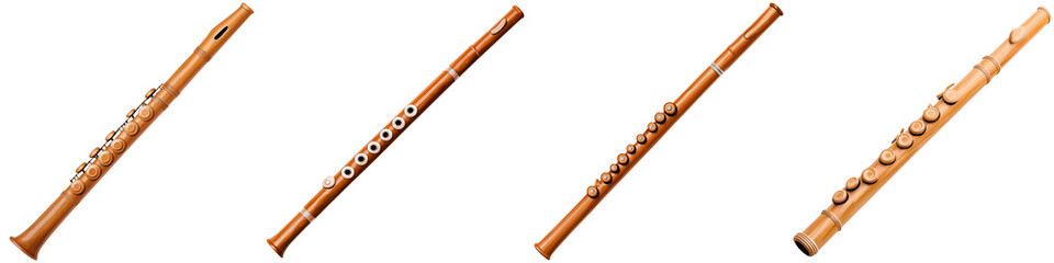 Retro pixel art and songs, Four wooden flutes displayed in a row, showcasing their intricate carvings and natural finish.