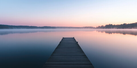 Obraz premium A long wooden dock extends across a calm lake at dawn, surrounded by trees and mist, showcasing tranquil beauty in early morning light