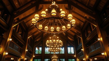 Obraz premium Large chandelier in a rustic, wooden lodge interior with windows